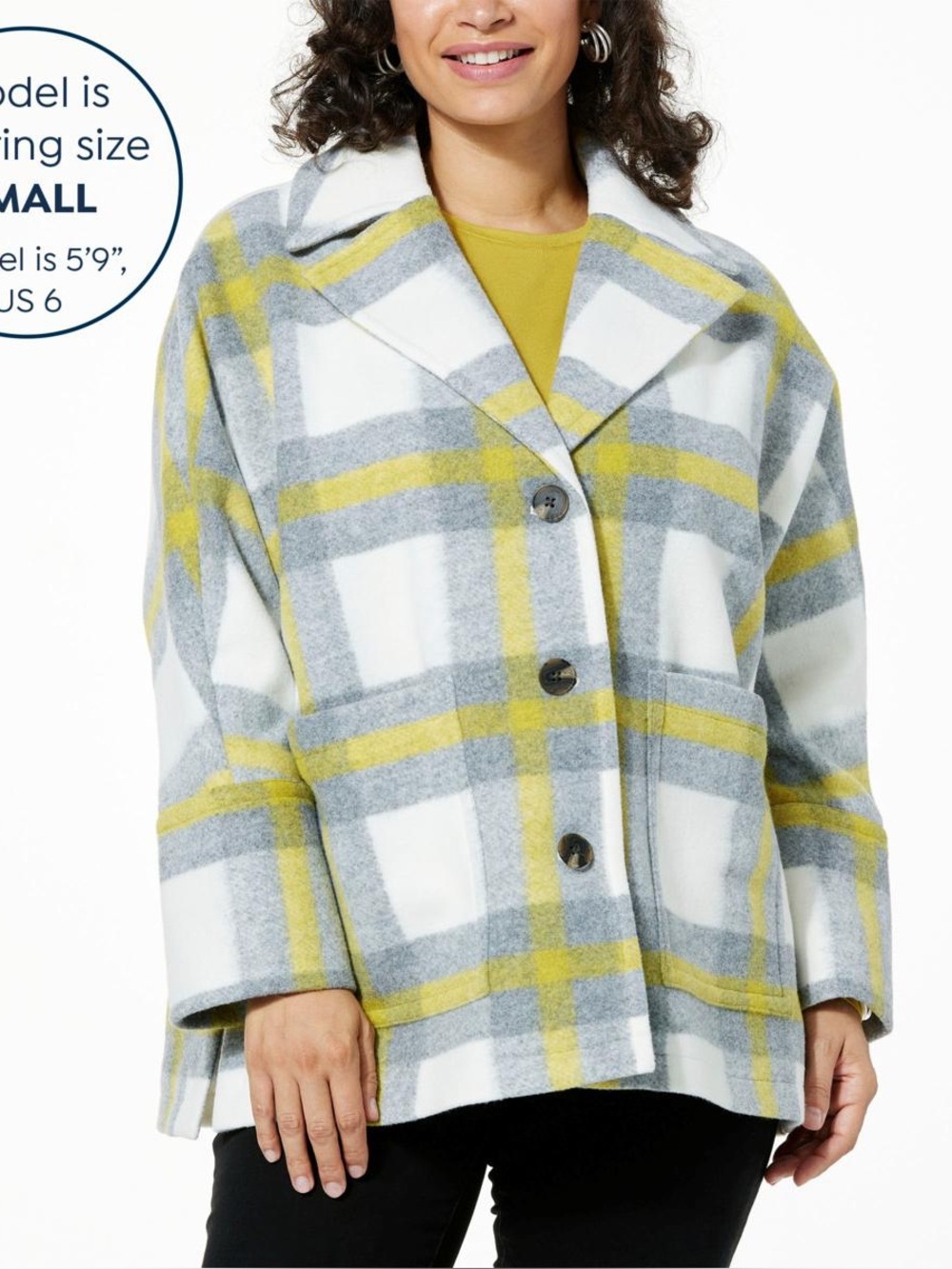 MarlaWynne Plaid Button-Front Pea Coat - Gray, White & Yellow Melton